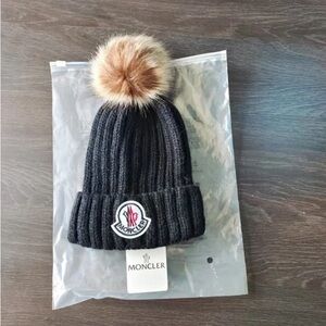 Moncler Charcoal Kids Beanie with Brown Pom-Pom
